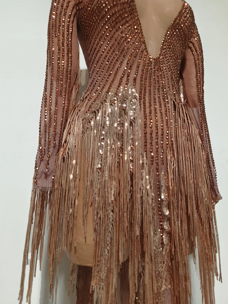 Vestido sexy marrón drag queen con borlas, Ropa de baile latino para mujer, celebración de pasarela, espectáculo, fiesta, club nocturno, actuación, traje de cantante
