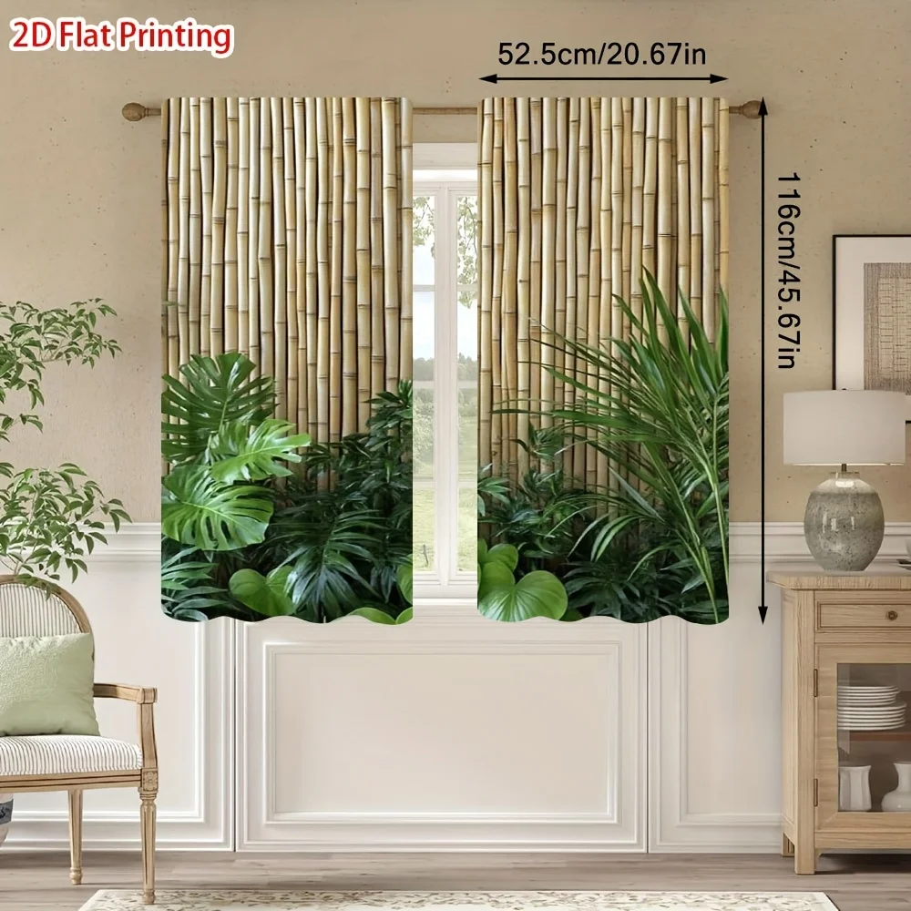 Natural Bamboo Foliage Theme Curtain 2 Panels Vertical Pale Bamboo Base Tropical Green Plant Print Window Curtain Zen Home Decor