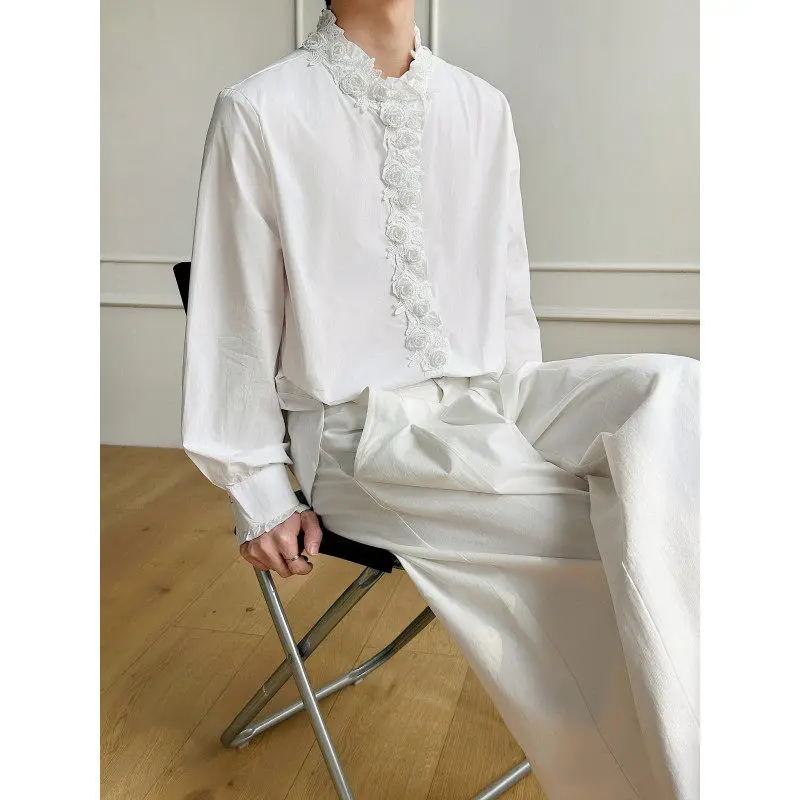 Camisa de Verão com Aplicações de Rosa, Manga Longa, para Homens e Mulheres, Camisa Branca Fashionável com Bordas Plissadas, ...