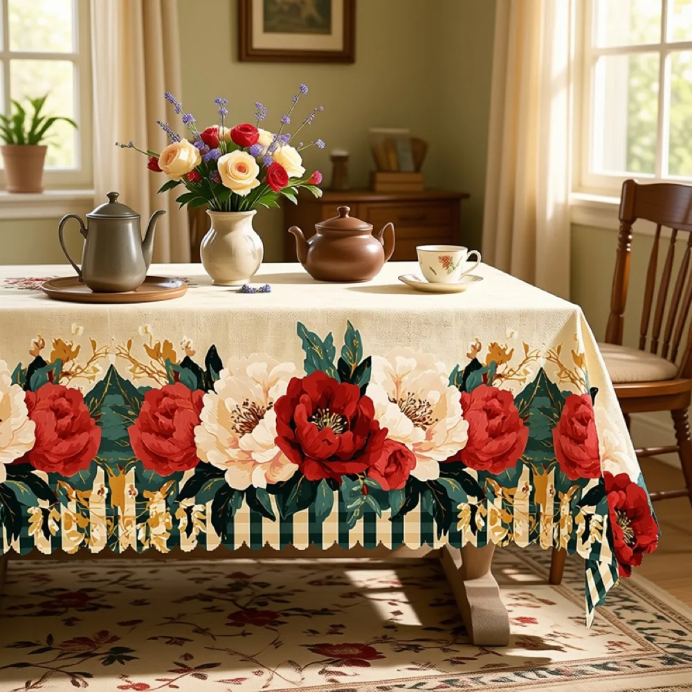 Vintage Floral Tablecloth with Roses & Hydrangeas for Indoor/Outdoor Camping decor, Rectangular/Round/Oval