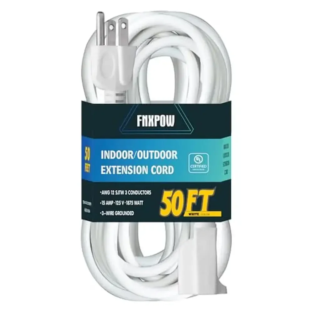 

Heavy Duty 50 Ft Outdoor Extension Cord White Cable 3 Prong Plug Power Cord Lawn Garden Weatherproof UL Certified Durable Blades
