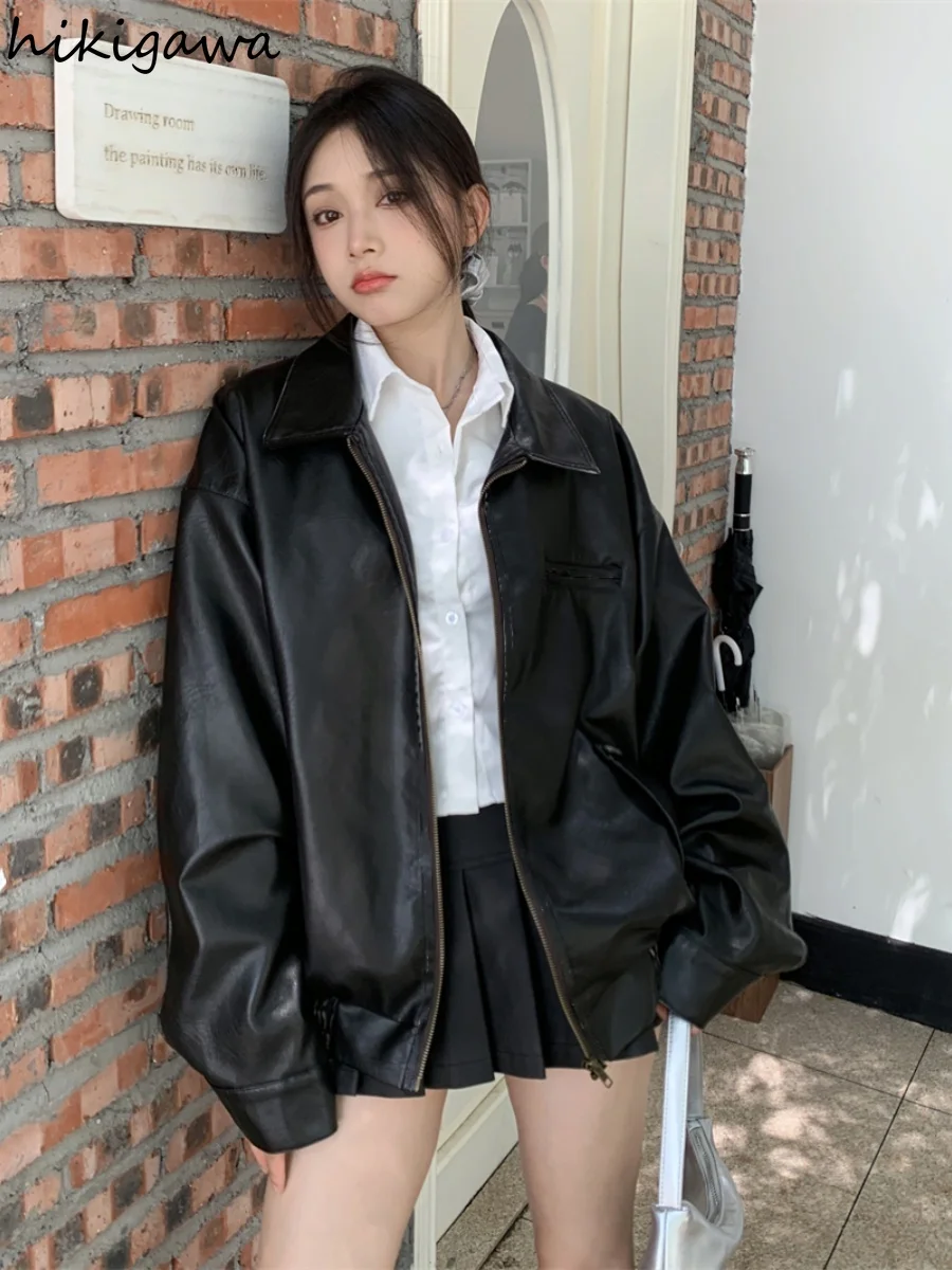 Streetwear Vintage Women Jackets 2023 Ropa Mujer Turndown Collar Zipper Oversized Tops Casual Fashion Leather PU Y2k Coat 27r869