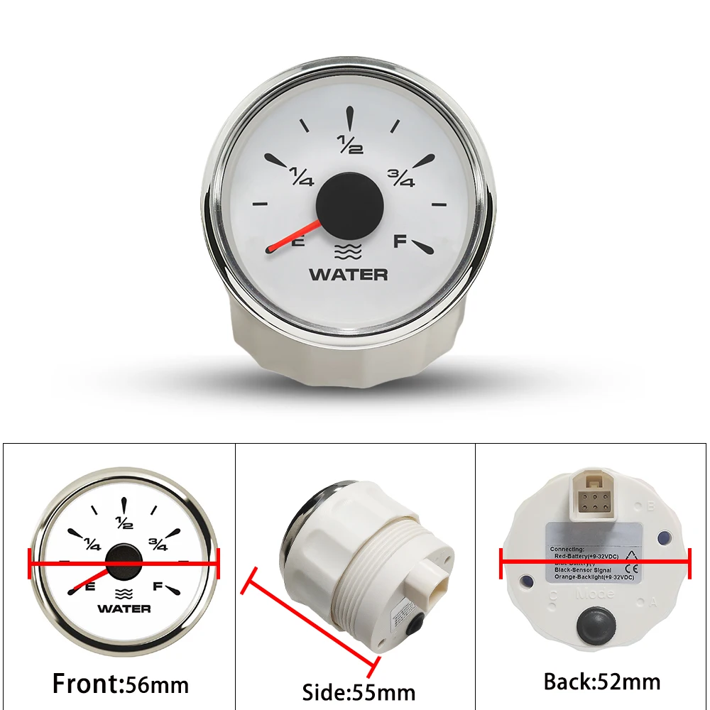 Rhaxel 52mm Water Level Meter Gauge 0-190ohm 240-33ohm Signal Adjustable with 8 Colors Backlight 12V 24Volts for Car Yachts