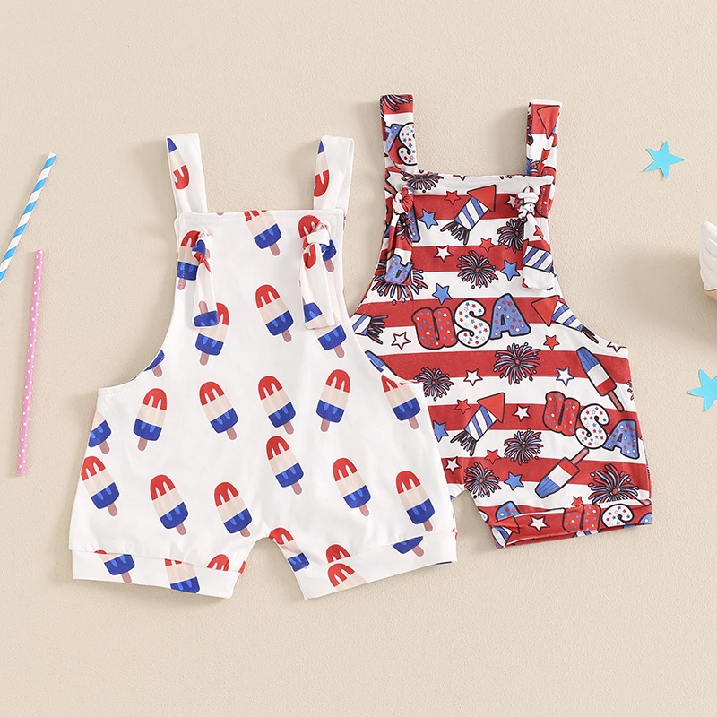 

2024-04-02 Lioraitiin Toddler Baby Girls Boys 4th of July Rompers Overall Ice Cream Stripe Star Letter Print Sleeveless Jumpsuit