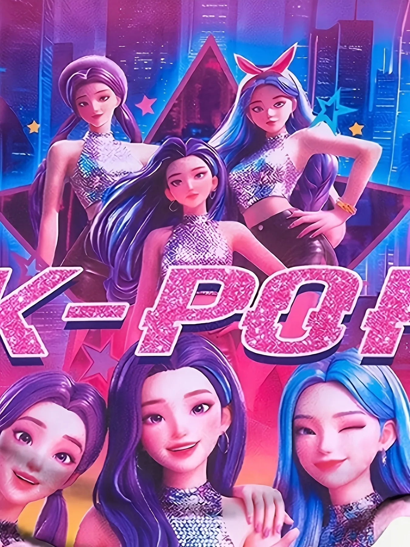 Trendiger 2-teiliger Y2K-Freizeitanzug für Mädchen, lebhaft bedrucktes K-Pop-Idol-Kurzarmshirt, Stern-Aufkleber-Dekor, elastische Taille, lila Glockenhose – Detail 5