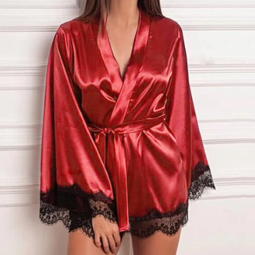 Women Sexy Lace Splice Slik Satin Nightdress Long Sleeve V Neck Waistband Nightgown Sleepwear Robe Solid Color Lace-up Bathrobe