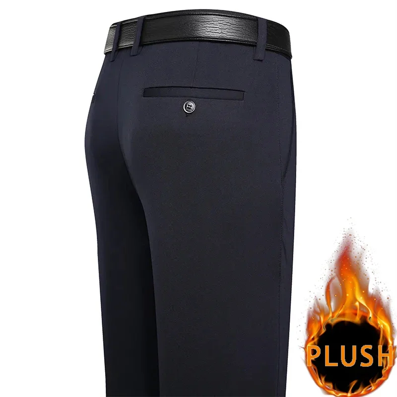 2024 Autumn Winter Men\'s Thick Warm Fleece Pants Plush Smart Casual Suit Pants Loose Straight Navy Blue Black Pants Trousers