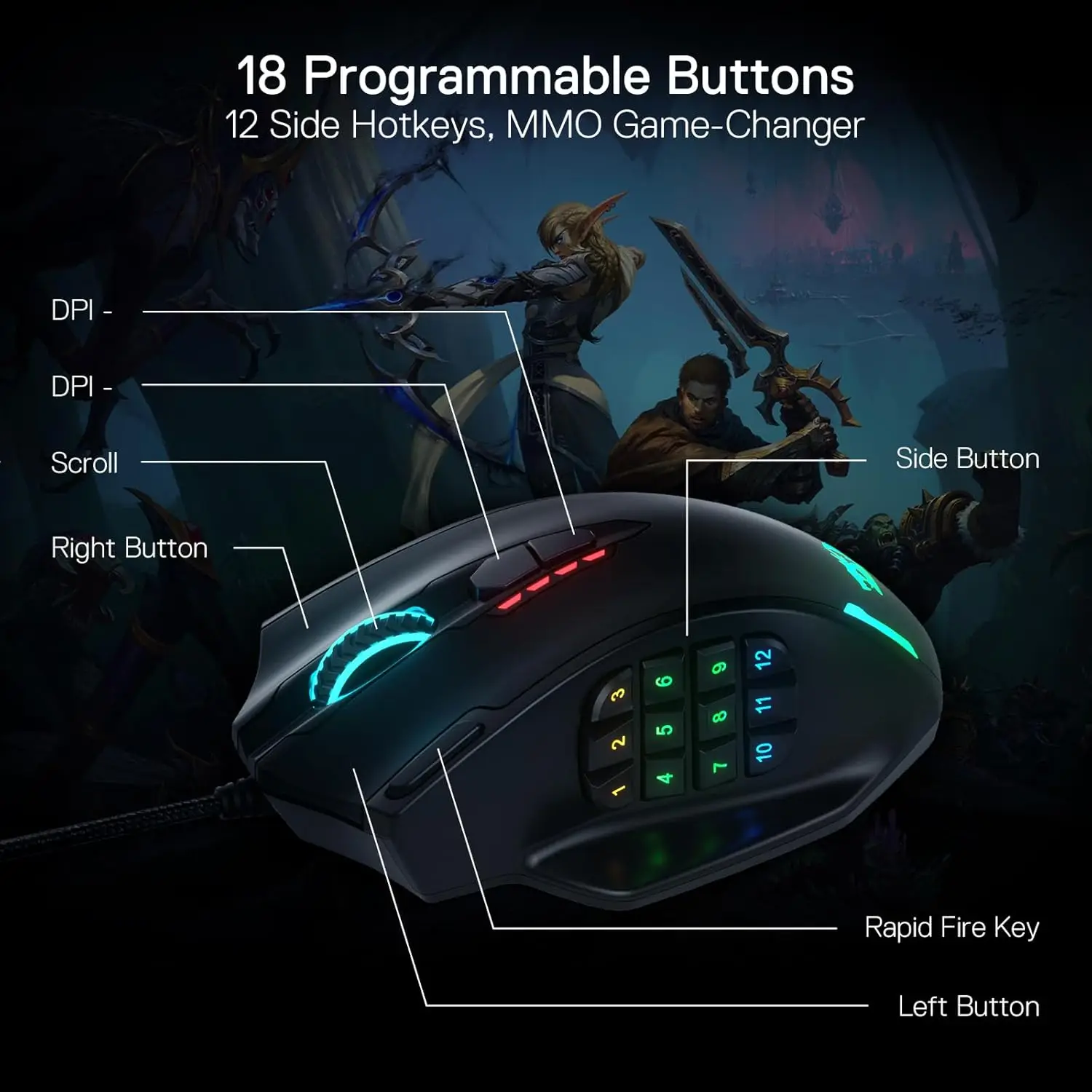 Redragon M908 18-Button RGB Gaming Mouse 12400 DPI Wired