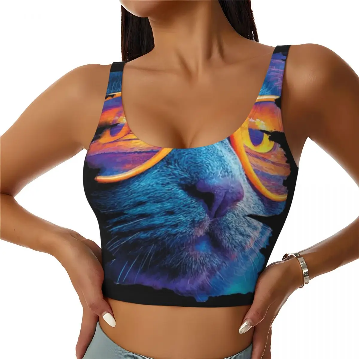 High Support Sports Top Artistic Cat With Sunglasses Sunset Beach Tropical Summer Pilates Training Removable Pad Top