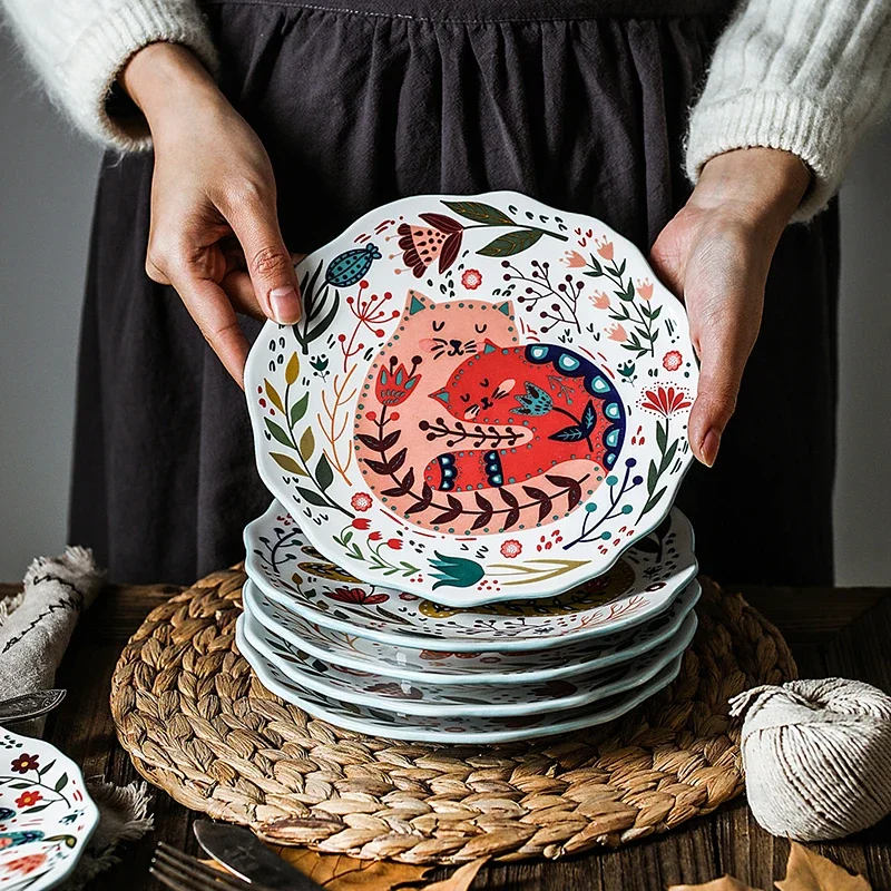 Creative 8inch Hand-painted Cat Dinner Plate Under-glazed Ceramic Dish Dessert Tray Flower Kitten Microwave Dinnerware YHJ021201