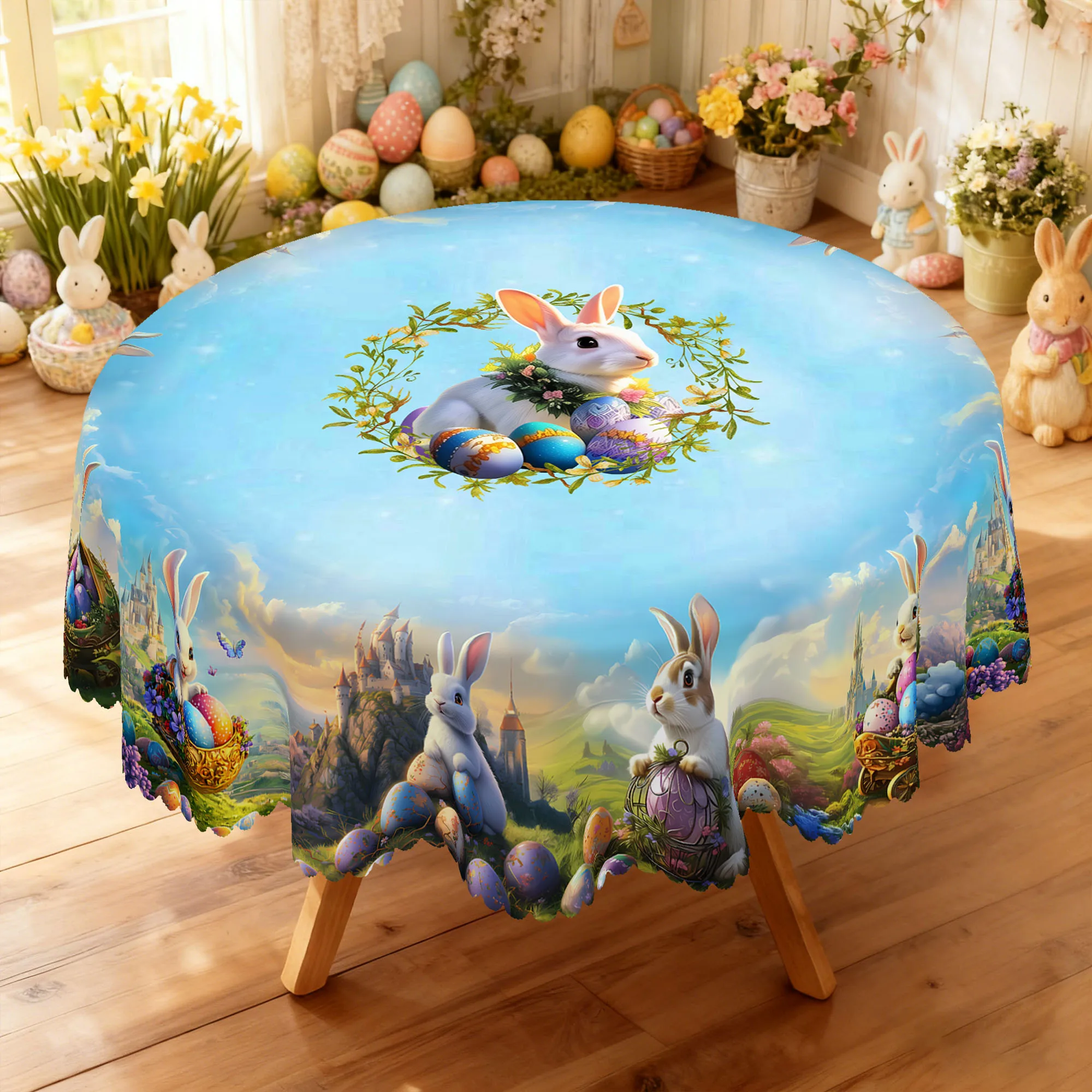 1 Pieza de Mantel Redondo y Rectangular de Pascua, Disponible en Varios Tamaños, con un Conejo Blanco Acostado en un Ramo de Huevos de Colores en el Centro, Rodeado de un Cielo Azul Claro y Nubes Suaves, Combinado con un Mantel Redondo con Estampados de Conejitos Adorables, Castillos de Cuento de Hadas y Paisajes de Primavera, con Bordes en Relieve, Decoración de Pascua, Adecuado para Reuniones Familiares de Pascua, Decoración de Fiestas de Primavera en Interiores, Arreglos de Primavera, Regalos de Decoración de Fiestas de Primavera