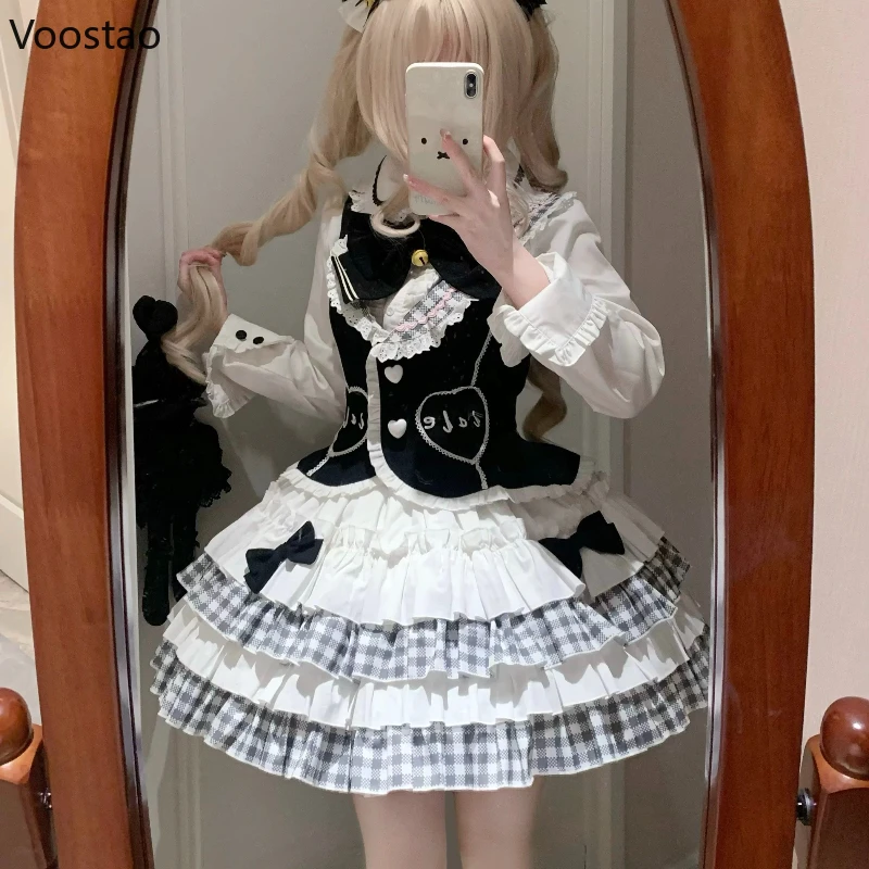 

Japanese Gothic Lolita 3 Piece Set Women Sweet Y2k Long Sleeve Shirts Slim Vest Y2k Bow Mini Skirt Harajuku Kawaii Party Suits