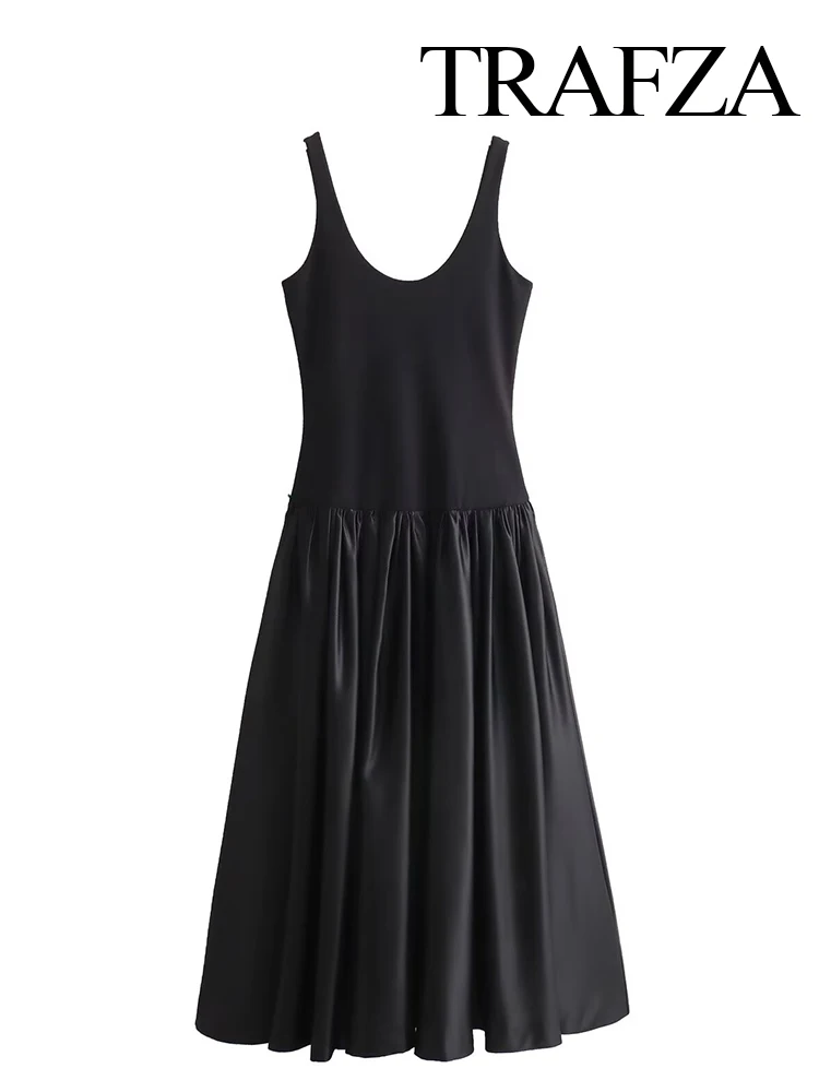 

HH 2025 Summer Woman Wide Shoulder Strap Slim Evening Dress Women Splicing Sleeveless Sexy Pleated Elegant Midi Dress