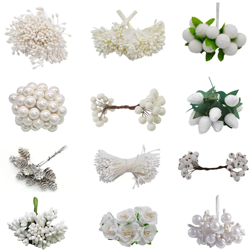 White Theme Artificial Flower Cherry Stamen Berries Bundle DIY Christmas Decoration Wedding Cake Gift Box Wreaths Xmas Decor