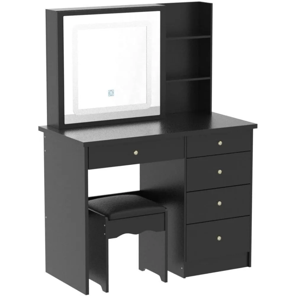 Vanity Desk Set com Prateleiras de Armazenamento e Banquinho Almofada, Mesa de Maquiagem com Grande Espelho Deslizante, Penteadeira com 5 Gavetas