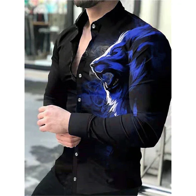 Camisa 3D com botão para baixo masculina, camisa gráfica animal, Turndown de leão, manga longa, roupa respirável, vestuário de grife, moda