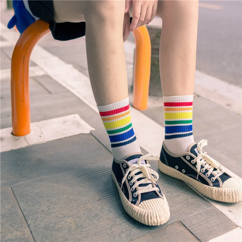 Combed Pairs Cotton 3 Women's Socks Black White Rainbow Stripe Socks Casual Sport Korean Fashionable Trend Middle Tube Socks