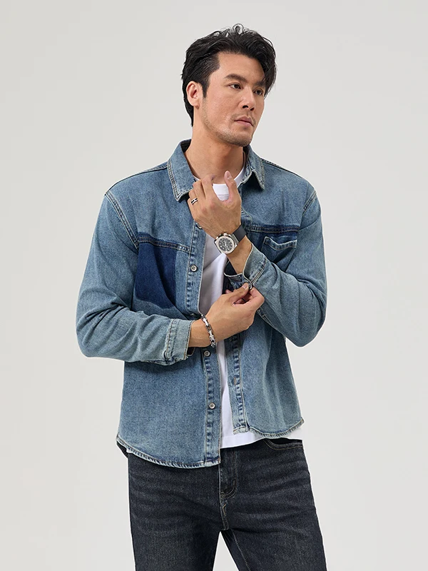 

Высококачественная мужская джинсовая рубашка в американском ретро-стиле с градиентным цветом, тонкая, свободная, повседневная, весна-осень, хлопок/полиэстер