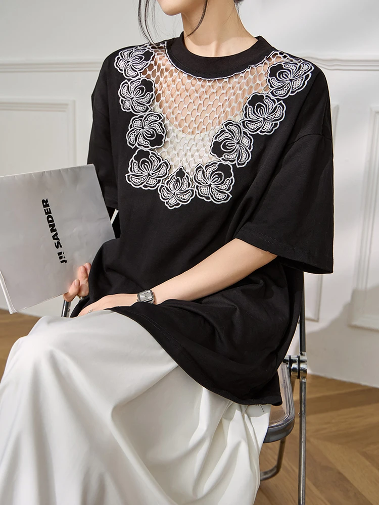 Women Black T Shirt Floral Embroidery Loose Fit Top Short Sleeve Casual Oversized Tee Hollow Out Mesh Design Streetwear