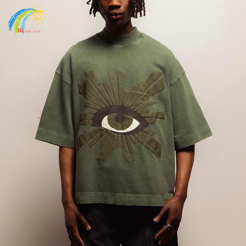 2024 Vintage Washed Military Green HOUSE OF ERRORS T-Shirt Oversized Tee Tops Letters Eye Foam Puff Print T Shirt For Men Women