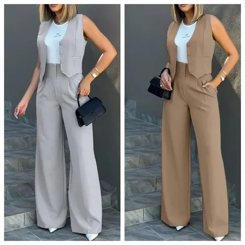 Chaleco elegante para ir al trabajo para mujer, Tops, pantalones de pierna ancha de cintura alta, conjunto de pantalones de trabajo Regular con botones sin mangas y cuello en V para primavera y otoño 2024