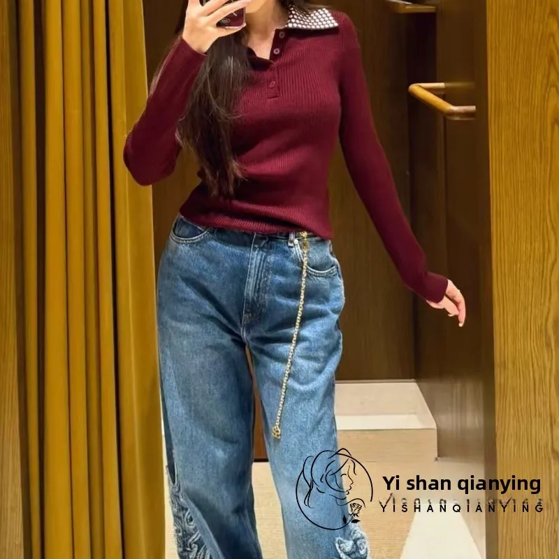   리벳 디테일 슬림핏 니트 탑 프렌치 슬레 여성 베이스 레이어 가을 겨울 패션 트렌드 젊은 여성용