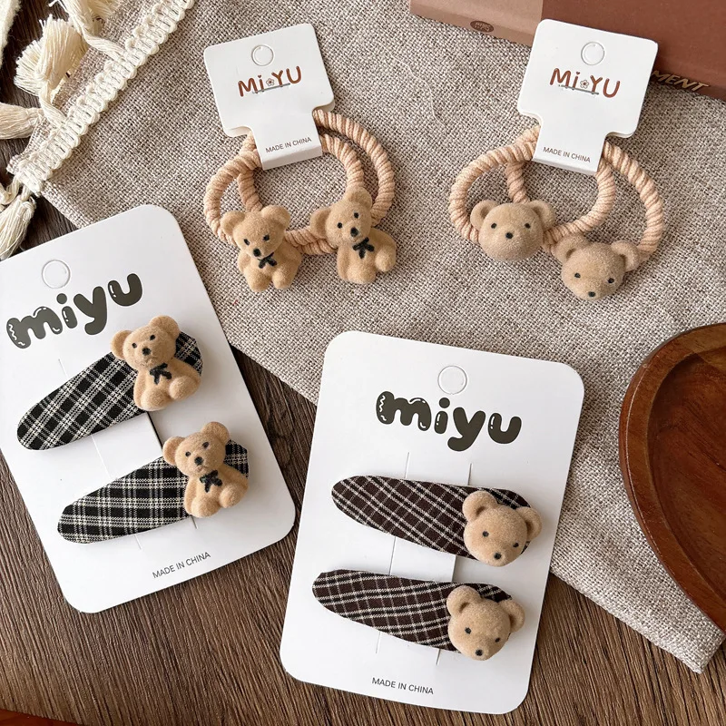 New Cute Cartoon Flocked Brown Bear Hair Clips for Kids Versatile Plaid Barrettes Girls Ponytail Holders Elastic Hair Ties Set