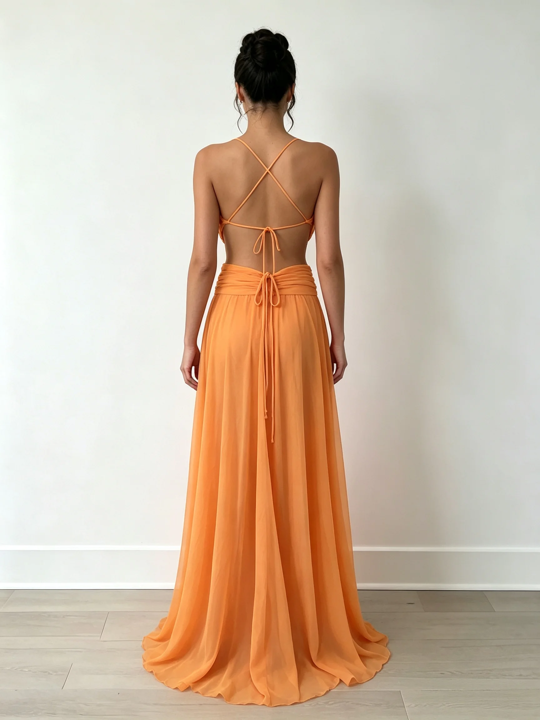 Bohemian Orange Deep V Backless Long Dress, with Turquoise Hollow-Out Decoration + Flowing Drape Design, Suitable for Island Vacation Parties and Evening Events