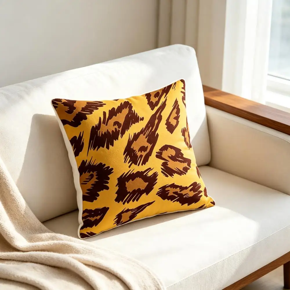 1PC Yellow Hand Painted Leopard Print Pillow Cover, Brush Stroke Cheetah Pattern Polyester Cushion Case for Sofa Home Decor