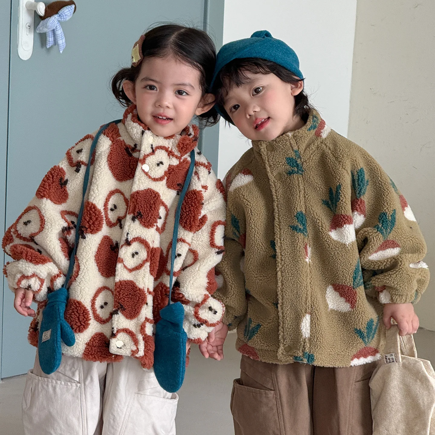 2026 Winter New Children Lamb Fleece Coat Boys Cartoon Print Warm Coat Plus Velvet Thick Kids Girls Christmas Casual Jacket