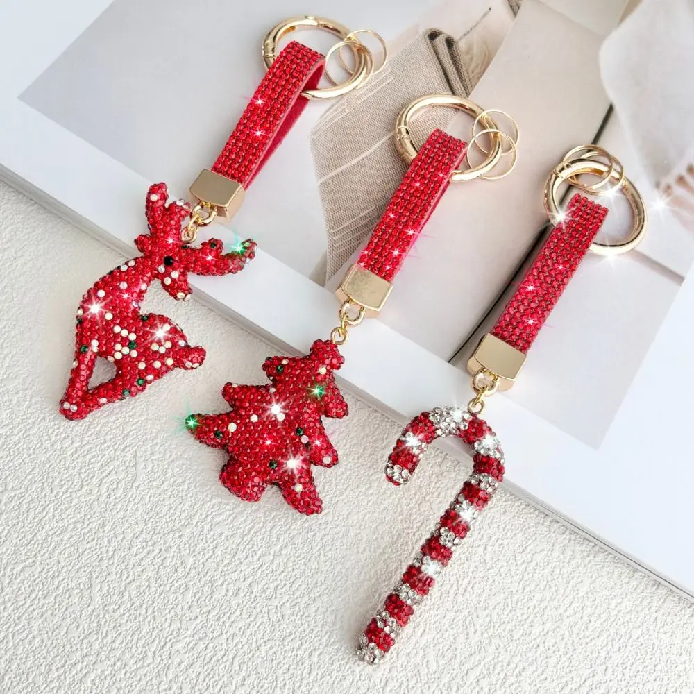 Elk Rhinestone Christmas Keychain Cane Christmas Tree Santa Claus Keychain Blingbling DIY Metal Xmas Pendant Jewelry Gifts