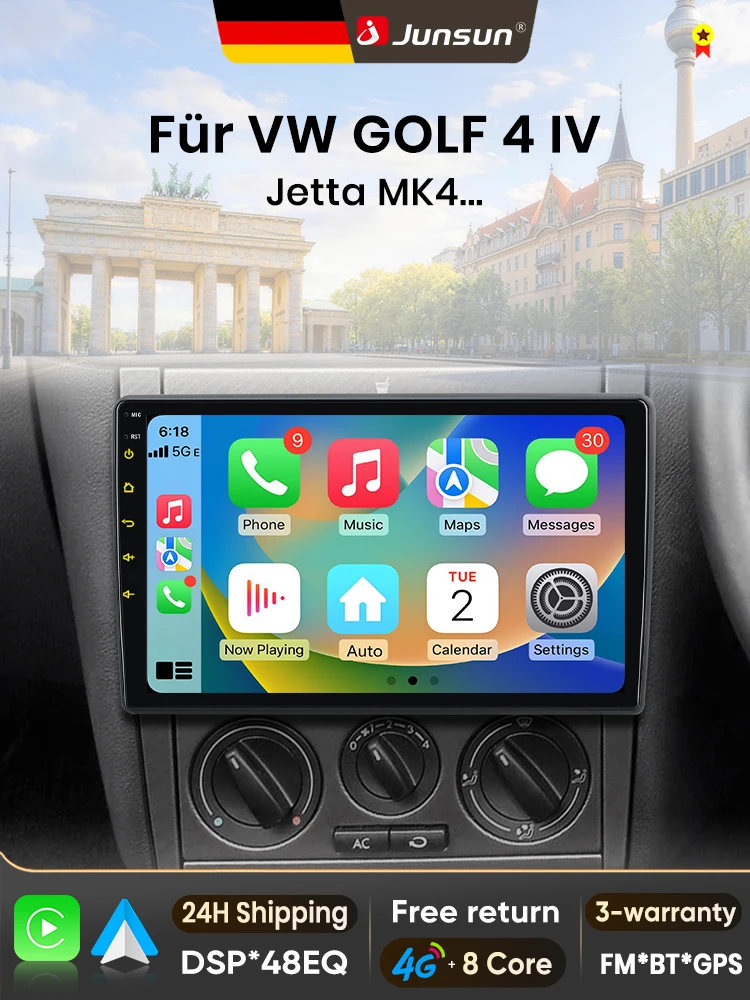 Junsun 9-Zoll Android 15 Autoradio für VW Volkswagen Golf 4 Jetta MK4 1997-2003, kabellos für Apple CarPlay, Auto-IPS-Bildschirm, Stereo-Multimedia-Videoplayer, intelligente Fahrzeugsysteme,