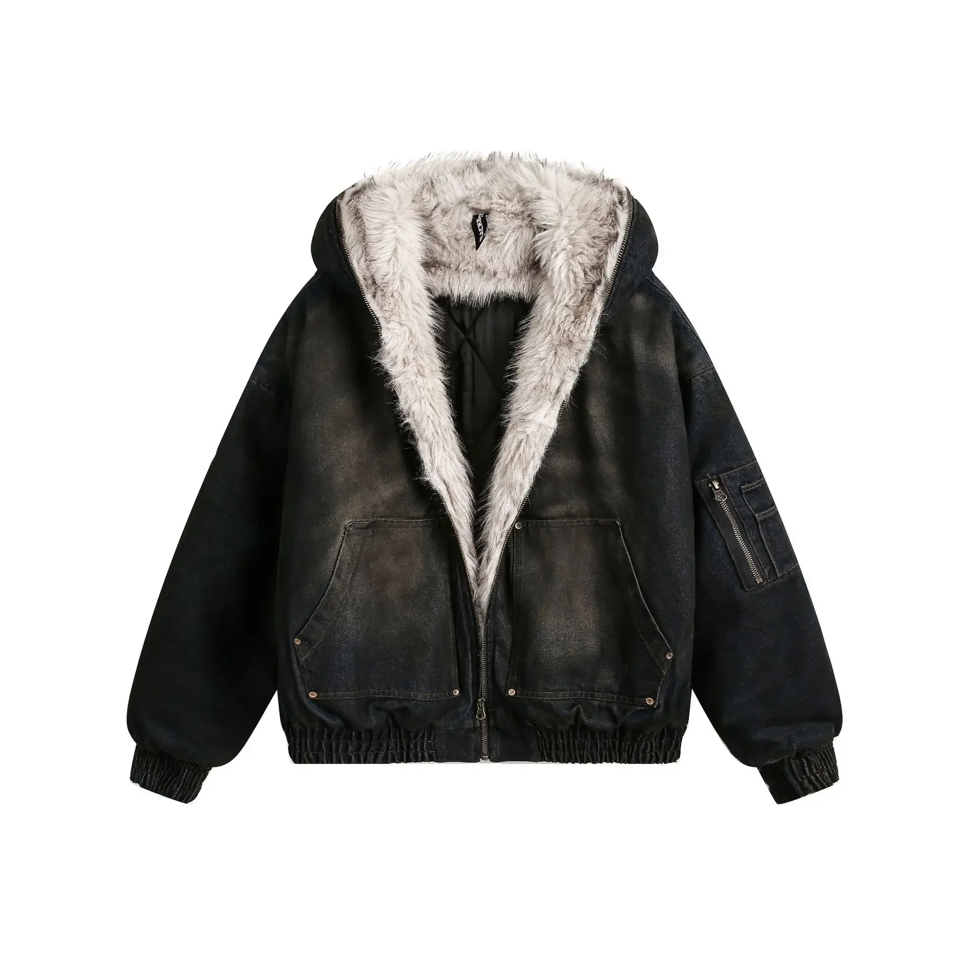 

Vintage Denim Parkas Fur Warm Padded Jackets Men Streetwear Harajuku Oversized Bubble Coat Outwear
