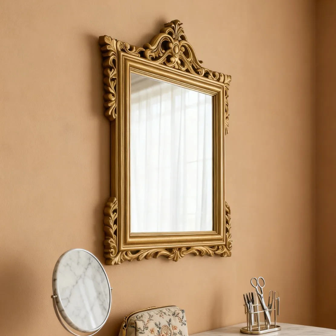 Retro old gold lacquer carved square wall hanging mirror French light luxury decorative bedroom entrance wall makeup