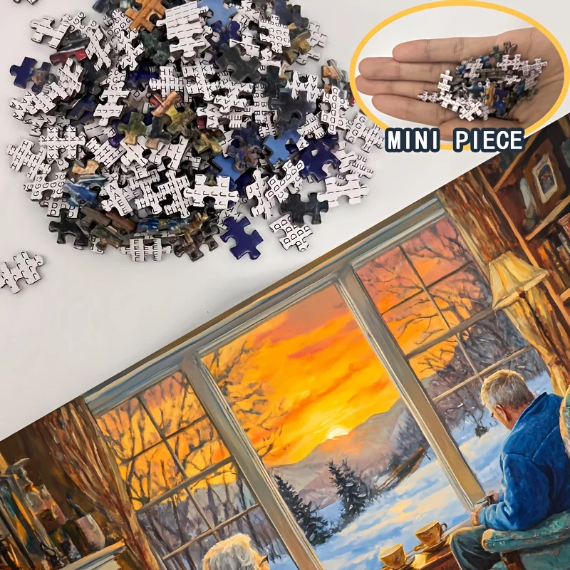 Mini puzzle da 1000 pezzi - Winter Hearth Harmony Art 38x26 cm, scena accogliente del soggiorno con coppia di anziani e gatti