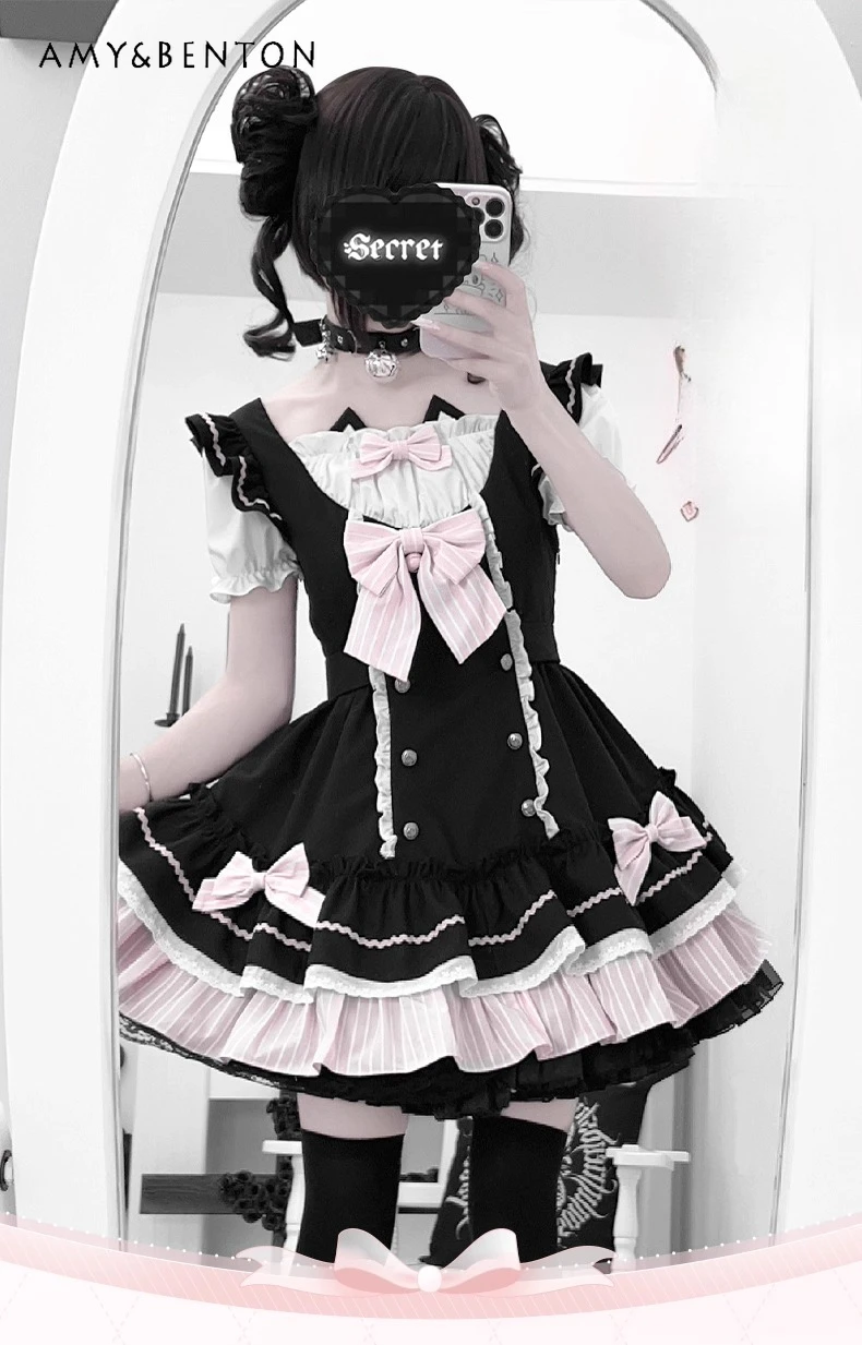 

Original Design Lolita Cake Dress Cute Sweet Bow Cat Ears Bubble Sleeves High Waist Mini Dress Women Daily Princess Dresses