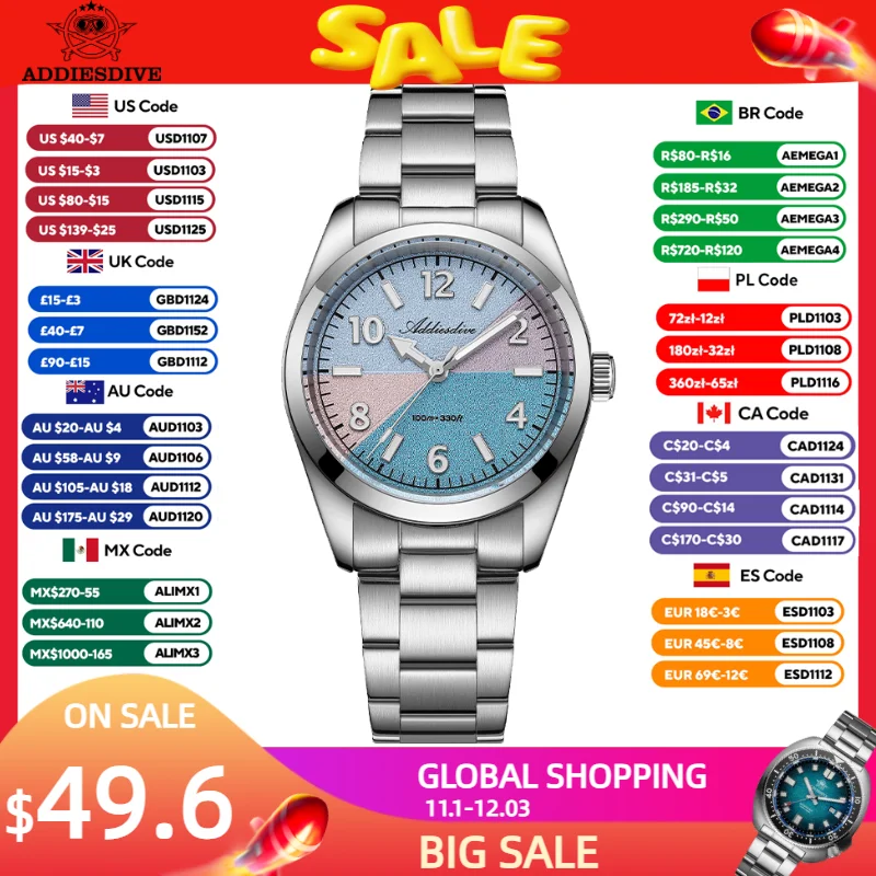 ADDIESDIVE Men's Watches New 36mm Top Brand Quartz Wristwatch Sapphire 316L Stainless Steel 100m Waterproof BGW9 Luminous Watch