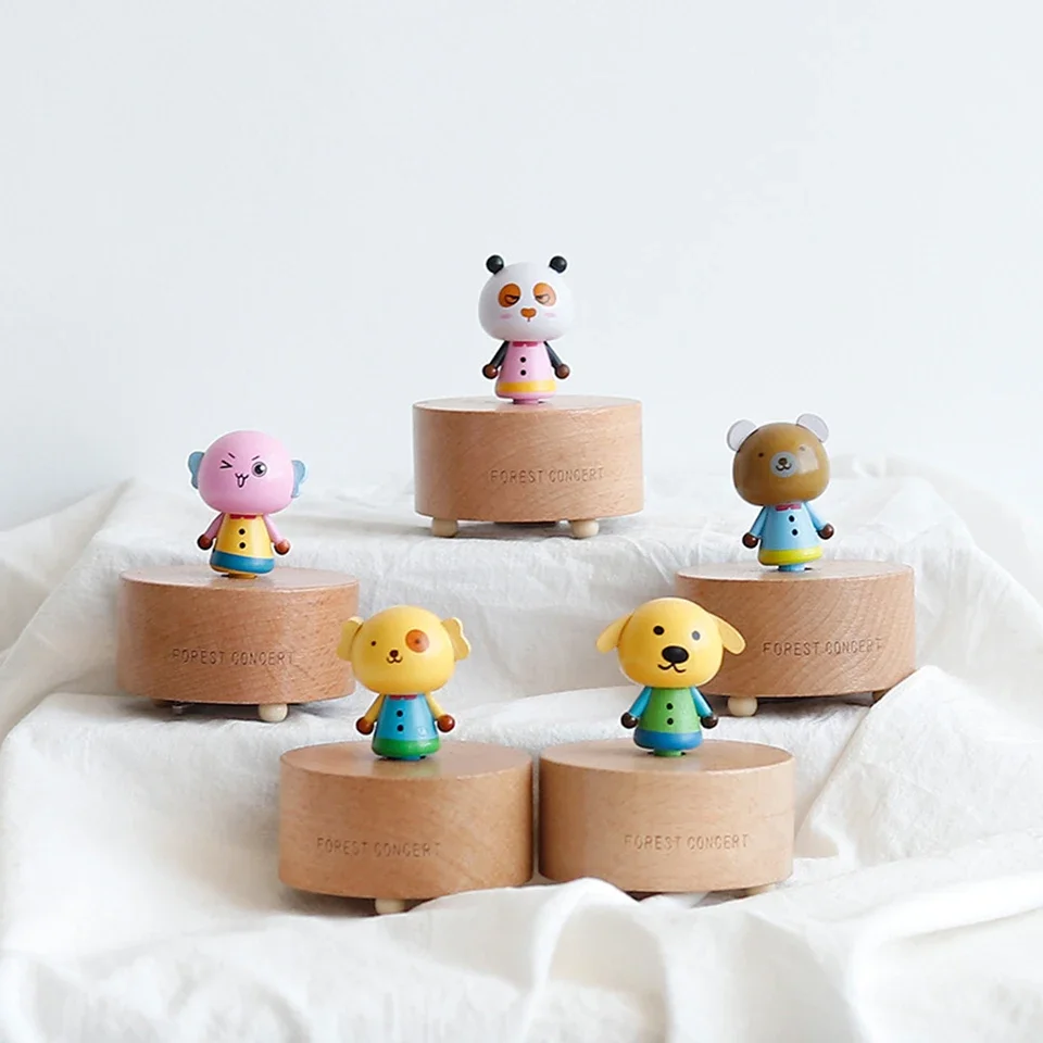 Wooden Round Cartoon Cute Hand-shake music box Puppy dogs/bear/panda design For home desk decoration BJ0004