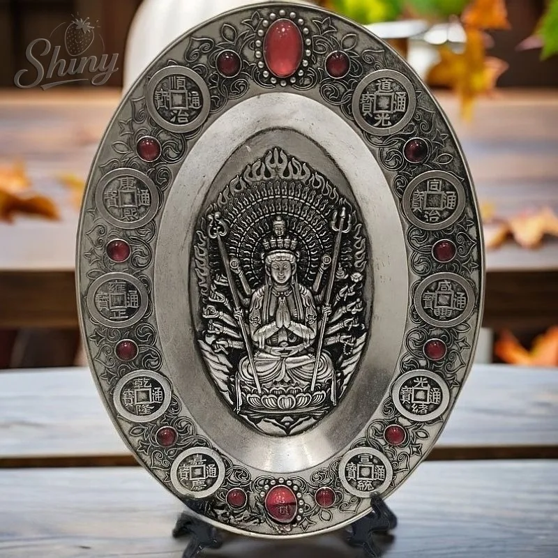 

Статуэтка Тысячерукой Гуаньинь, инкрустированная драгоценными камнями, тибетская пластина-сокровище из сплава, для алтарей и ступ, буддийский религиозный декор