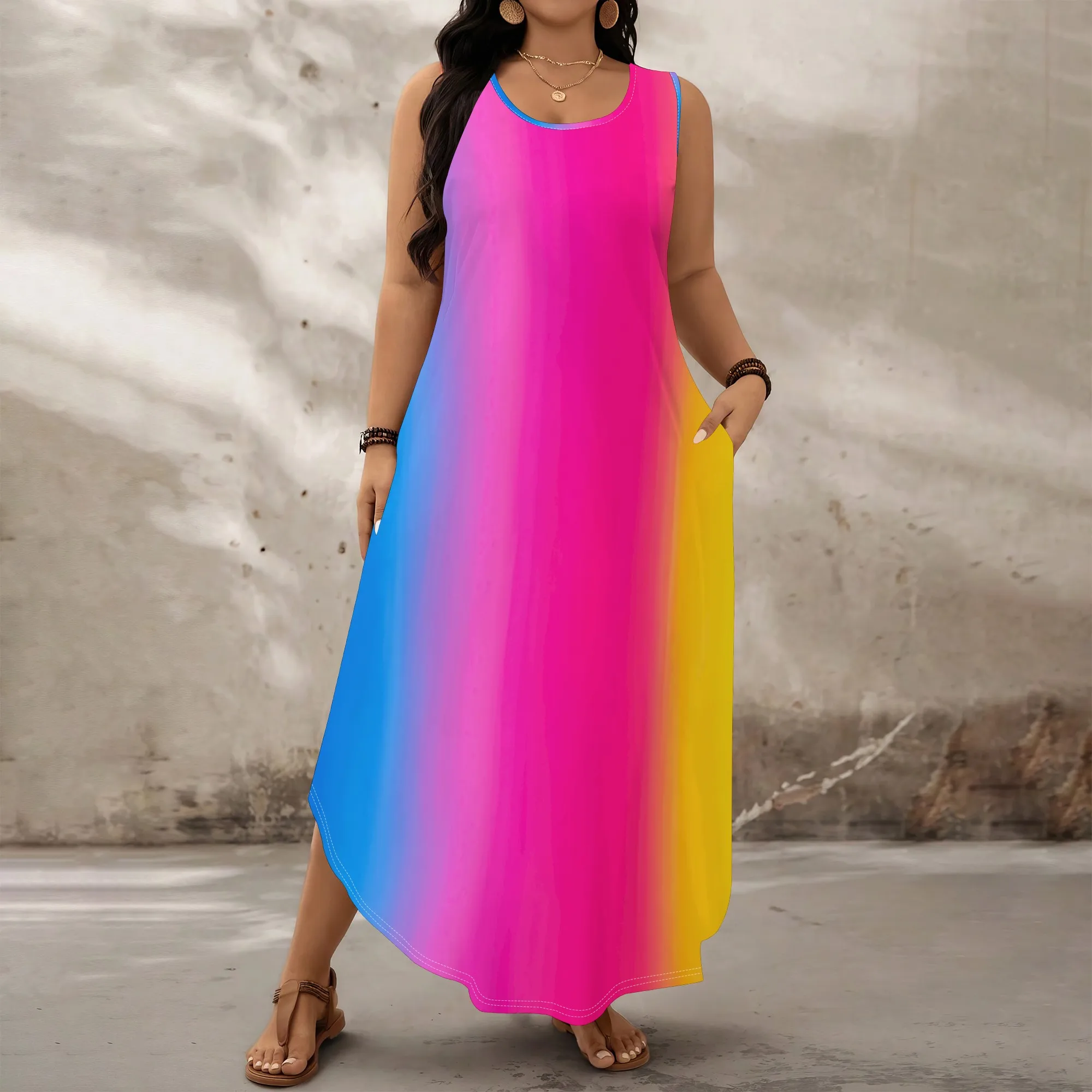 

Rainbow Gradient Maxi Dress XL-6XL Sleeveless Loose Fit for Beach Vacation, Summer Party or Casual Day Look