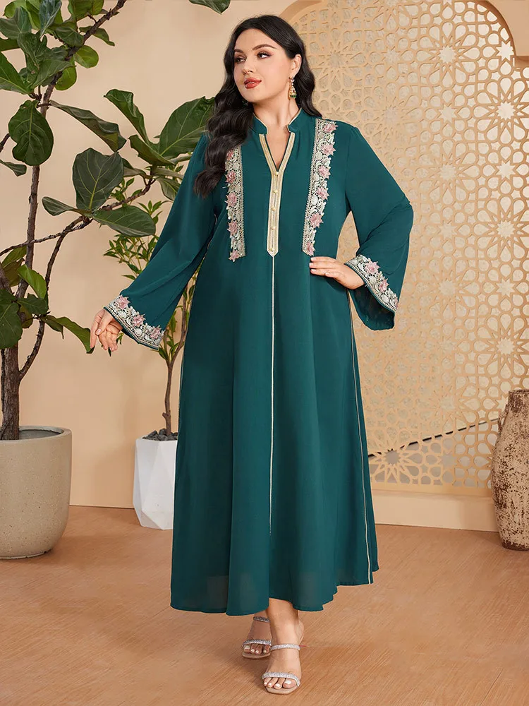 

Muslim Women Embroidery Maxi Dress Loose Party Gown Dubai Abaya Turkey Robe Saudi Arabic Djellaba Islamic Jalabiya Morocco Abaya