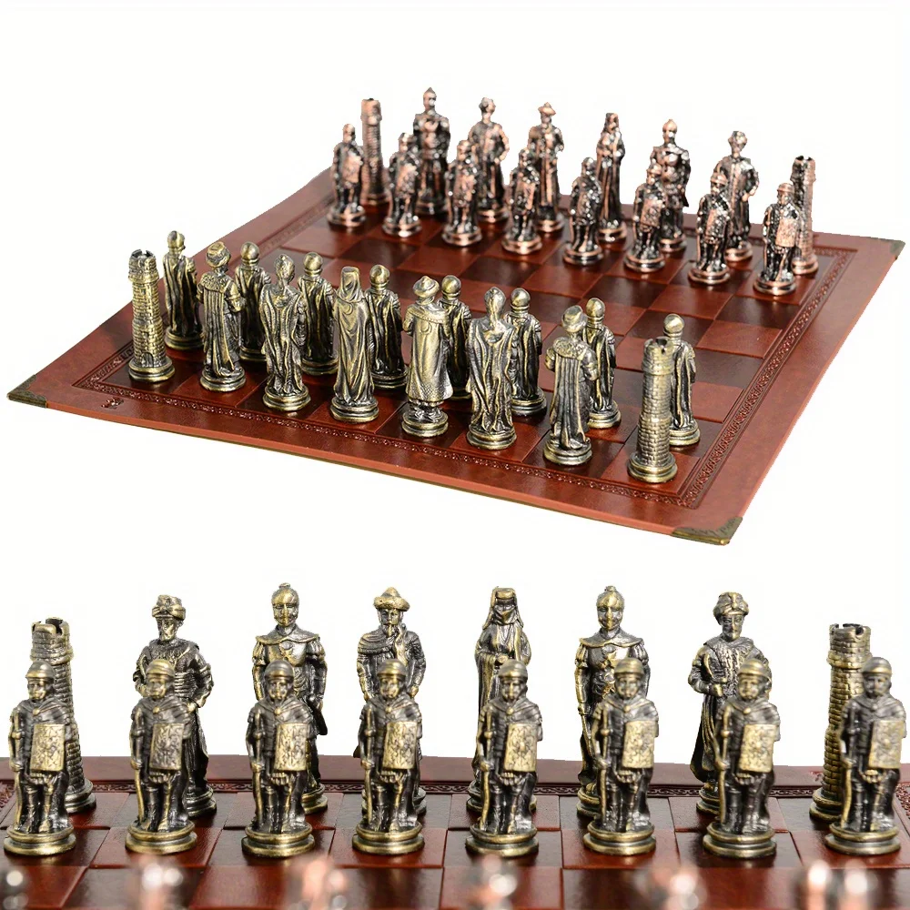 

Metal Solid Color Chess Theme Character Chess Red Chessboard with Artificial Leather Chessboard Table Game Toys 32 Pieces