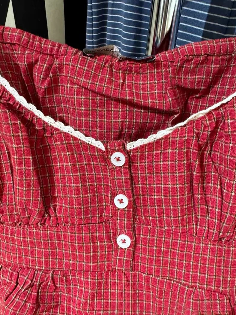 New Red Plaid Slim Tank Top Woman Lace Trim Buttons V-neck Back Lace-up Cotton Camis Summer Vintage Streetwear Sweet Crop Tops