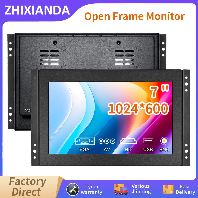 Mini Size 7 Inch 1024*600 Insdustrial Open Frame Monitor Capacitive Resistive Touch Screen LCD CCTV Display With HDMI VGA BNC AV
