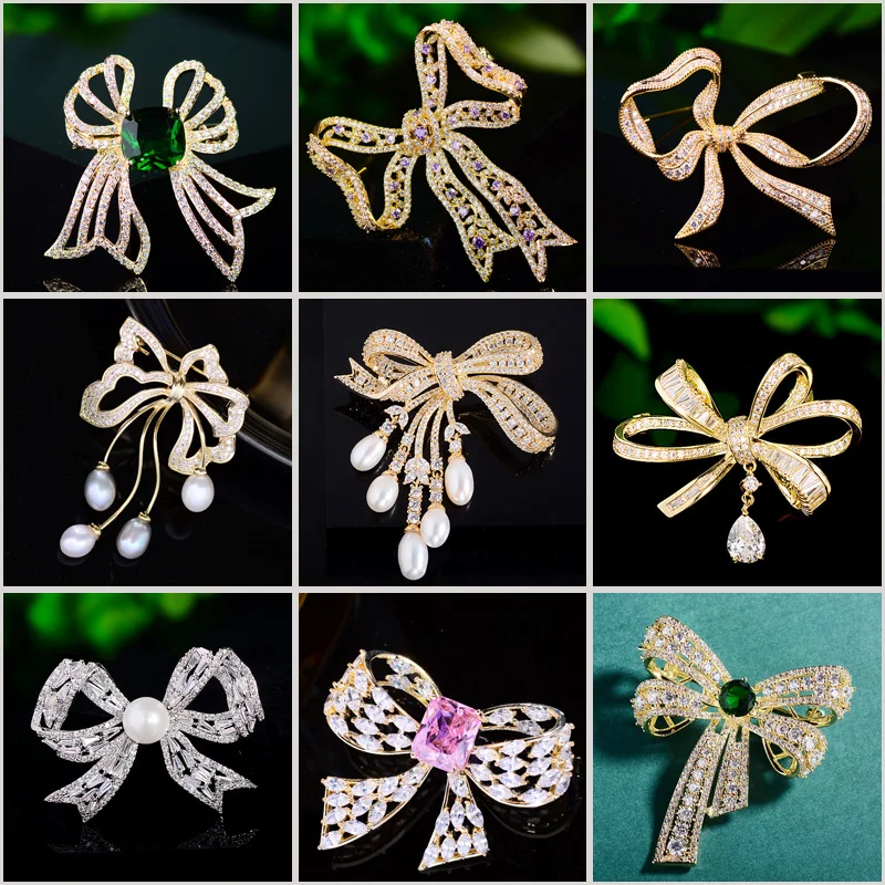 

2024 New High-end Zirconium-encrusted Bow Brooches Elegant Freshwater Pearl Corsage for Women's Sweater Jacket Accessories Pins