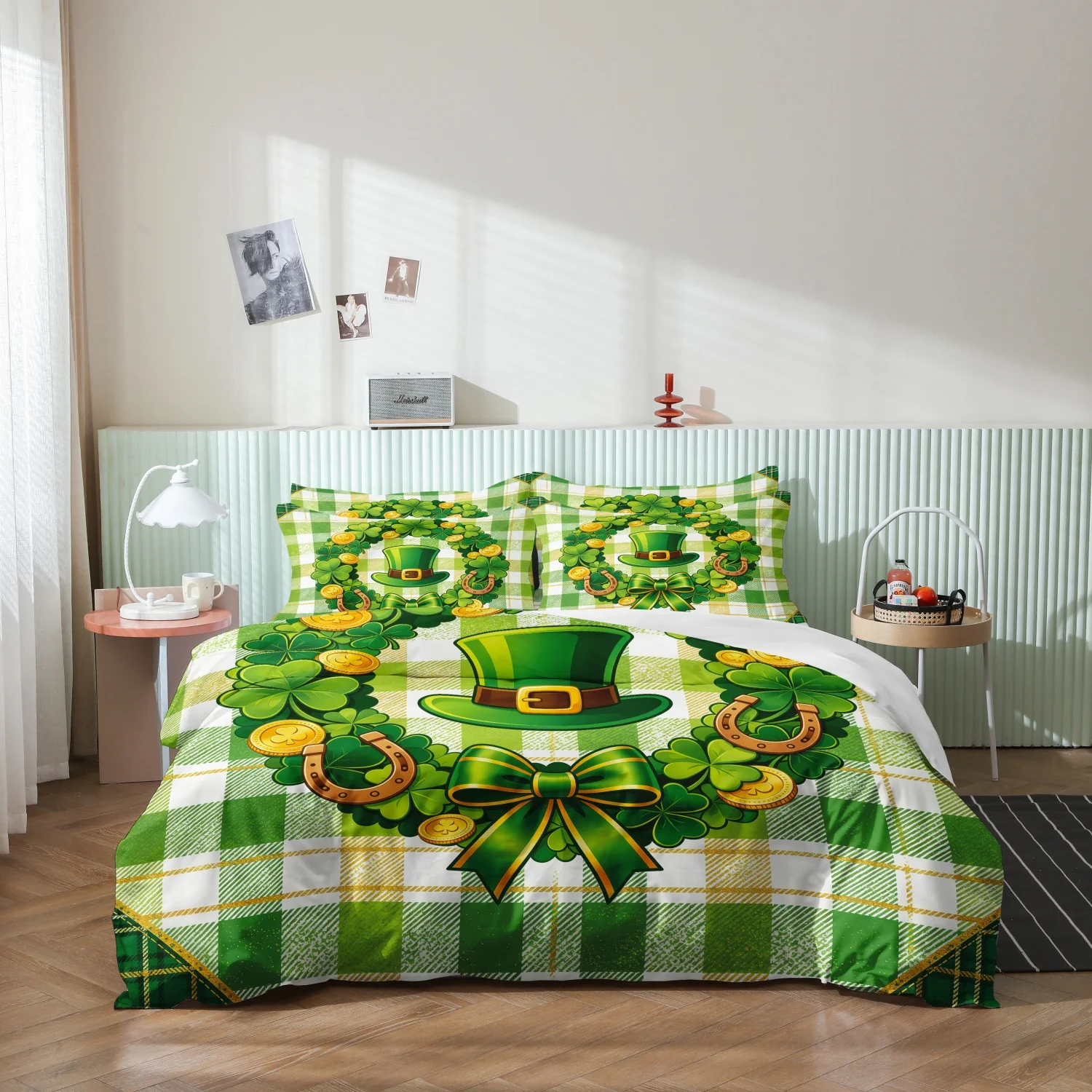 3Pcs Plaid Print Duvet Cover Set, Green Buffalo Plaid St. Patrick's Day Wreath Leprechaun Hat Gold Coin Horseshoe Print Bedding
