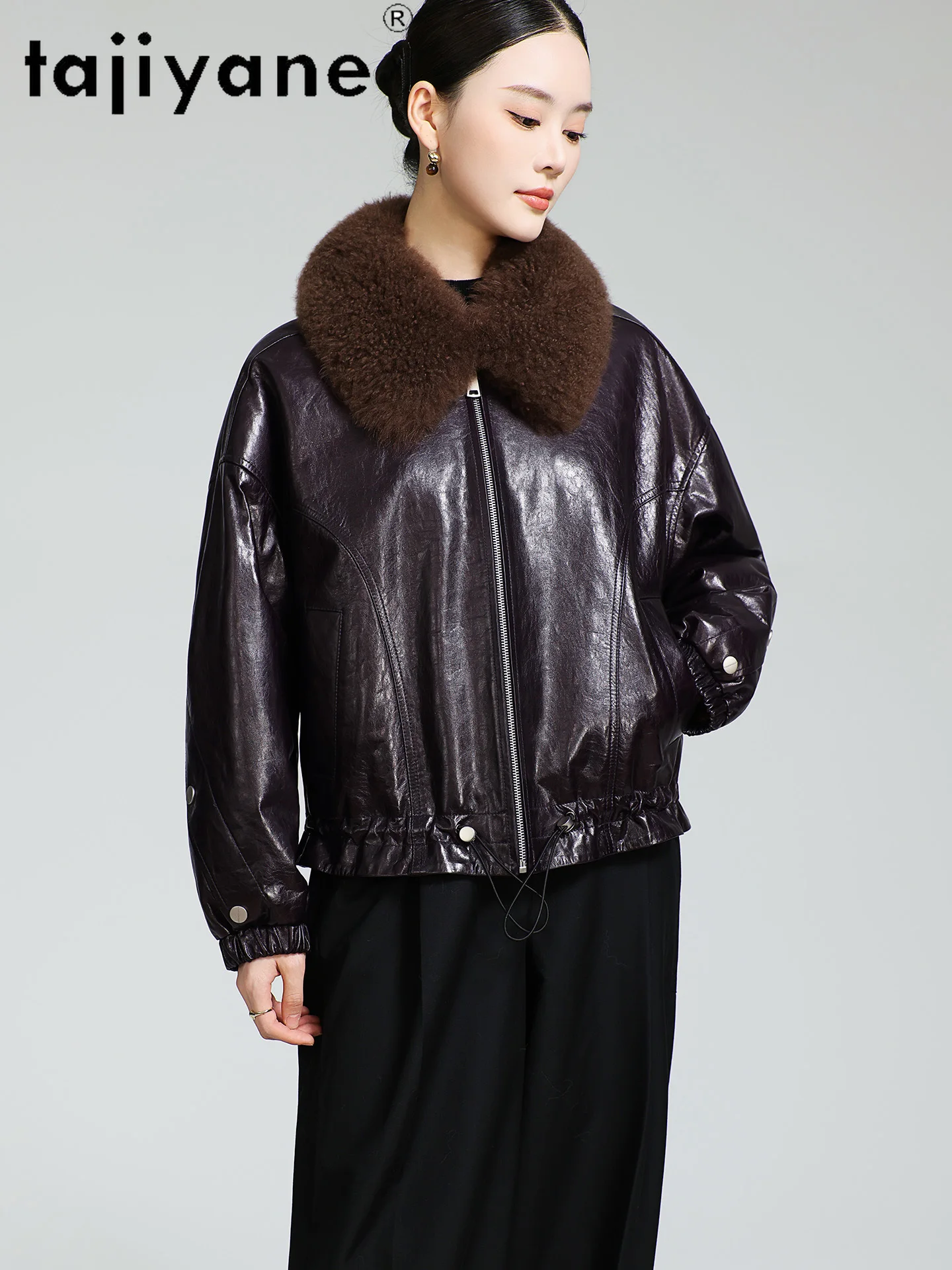 TAJIYANE 100 % echtes Schaffell, weiße Gänsedaunenjacken für Damen, kurze Pufferjacke aus echtem Leder mit Wollkragen, 2025 Winter