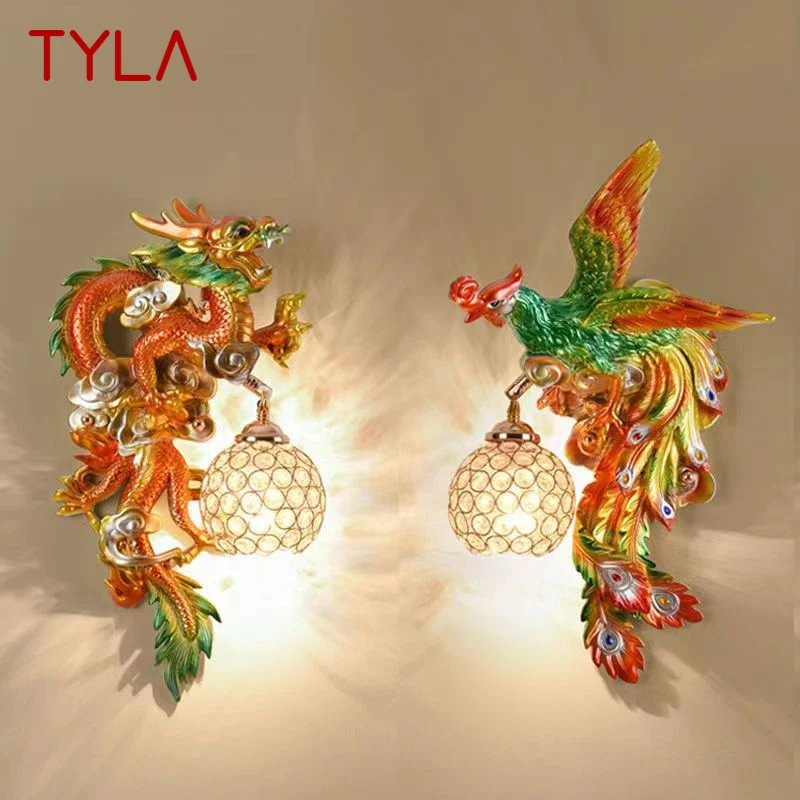TYLA Moderna Lâmpada de Parede de Resina LED Creative Devise Dragão e Phoenix Sconce Light Decor para Casa Sala de estar Quarto