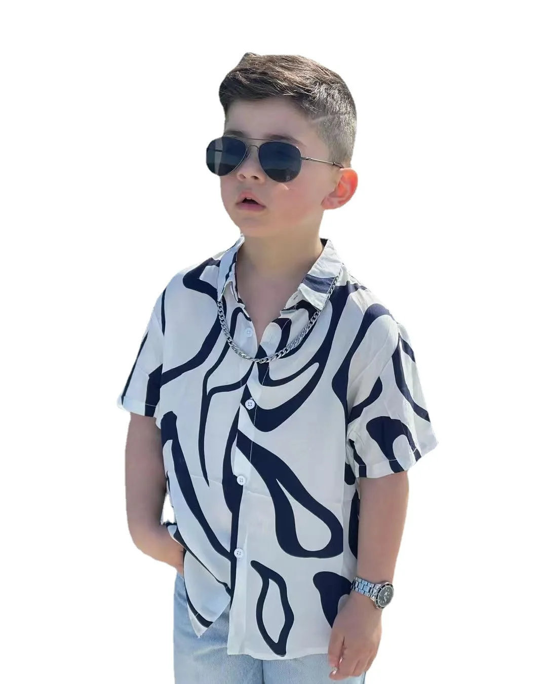 M8064 2024 Children's clothing Europe United States fashion boy bbaby handsome boy hip hop striped printed shirt ins style