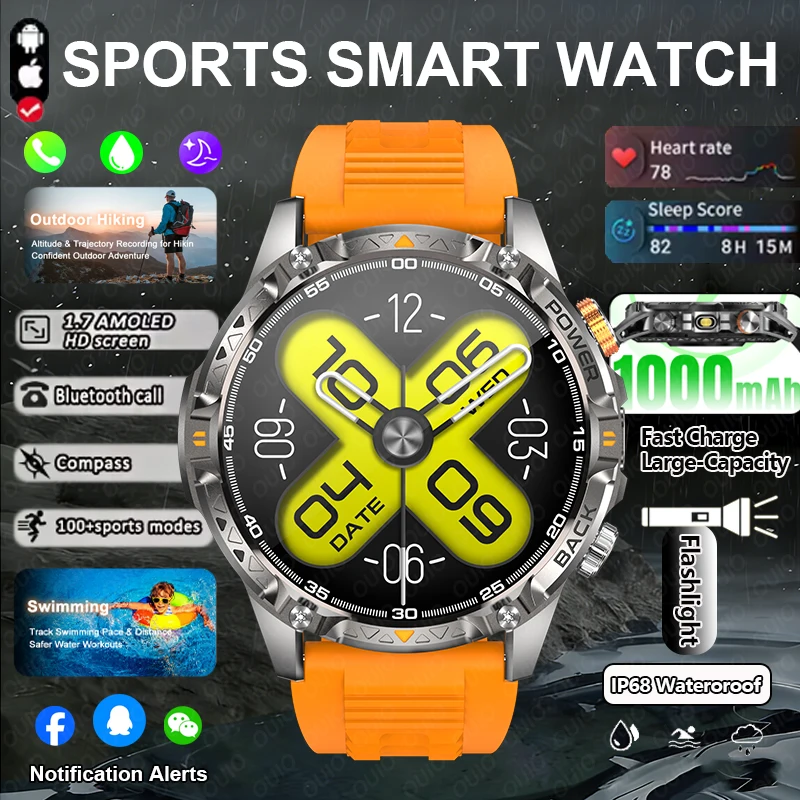 

2026 GPS Men's Outdoor Smart Watch LED Flashlight IP68 Waterproof 1.7-inch AI Voice Bluetooth Call 100+ Sports Modes Smart Watch